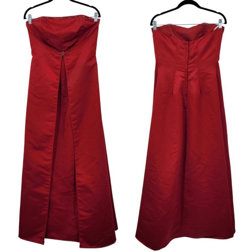 Red Satin Strapless Evening Gown Sz 12 Formal Dress Beaded Caped Skirt Prom Gala